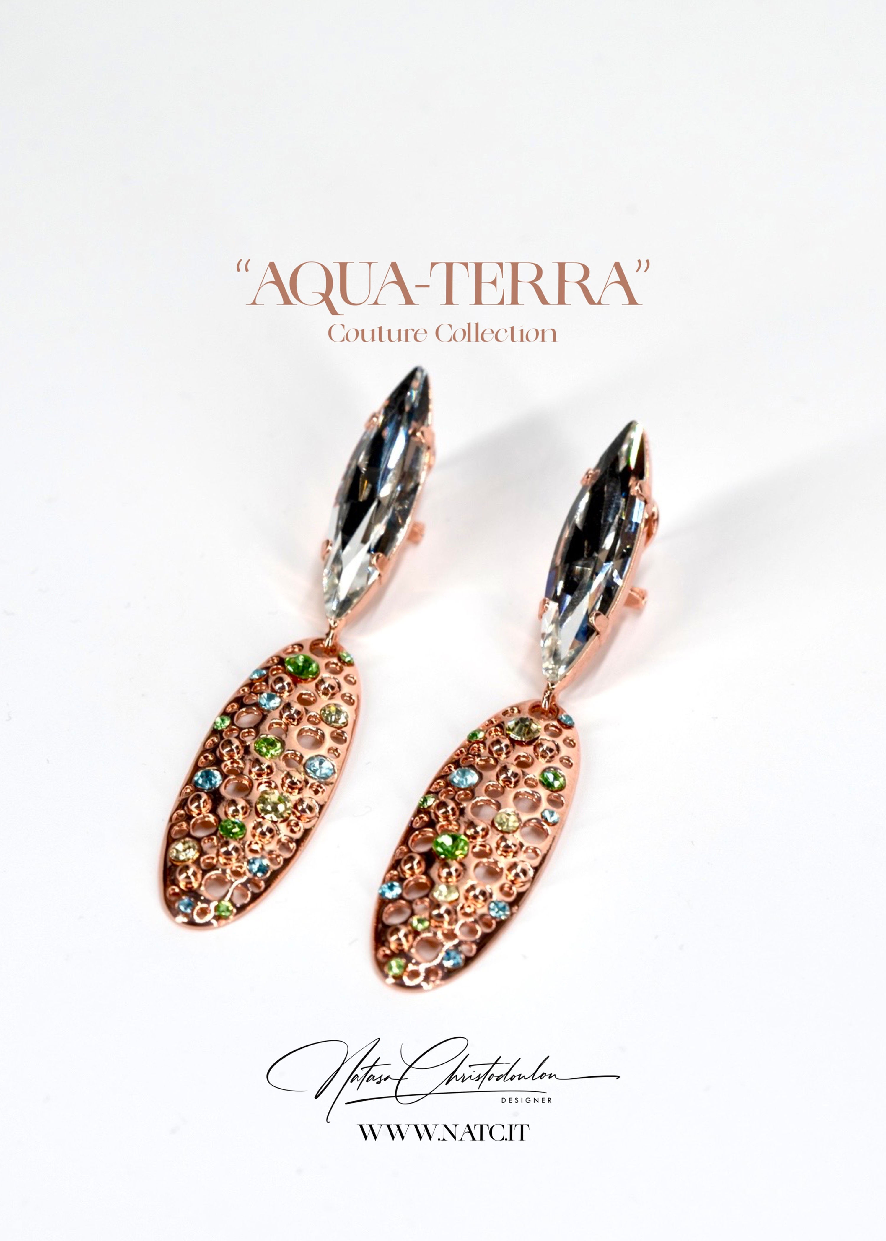 NATC “Aqua Terra” Couture Collection  Statement Rose Gold Pierced-Clip Long Earr