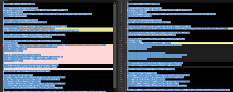 Diff - shows that cunning use of 'declared flags' skips any variable not declared in the TargetBP class (left).