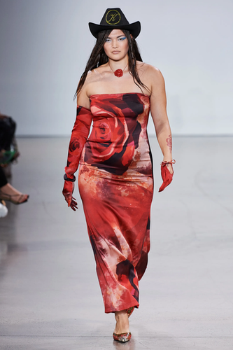 model wearing red dress red gloves