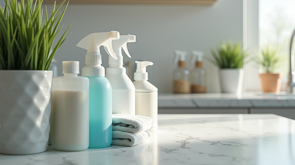 Close-up view of cleaning supplies arranged neatly on a countertop