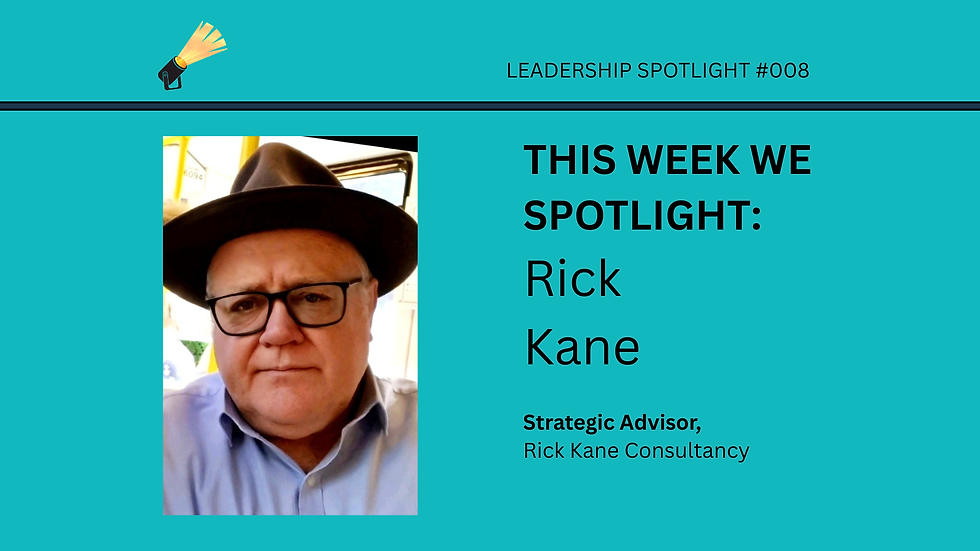 A teal leadership spotlight graphic featuring Rick Kane, wearing glasses, a hat, and a collared shirt. The text highlights him as “Leadership Spotlight #008” and identifies him as Strategic Advisor at Rick Kane Consultancy.