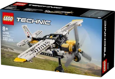 LEGO Technic Bush Plane set featuring a rugged aircraft with spinning propeller, adjustable ailerons, and a detailed 4-cylind