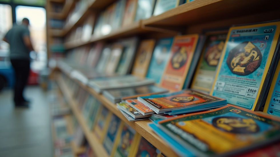 Eye-level view of a colorful display of trading cards in a collector’s shop