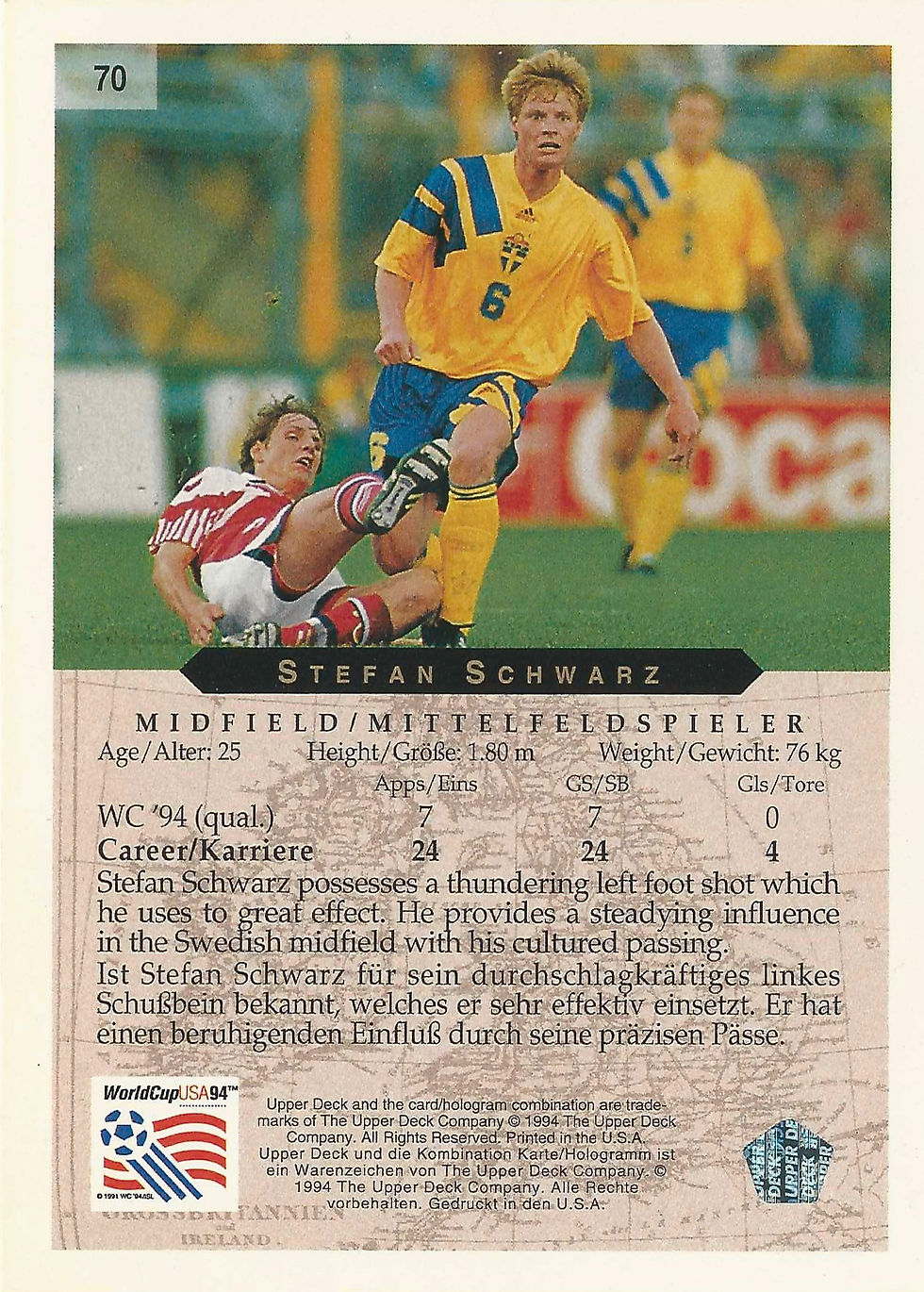 Thumbnail: Upper Deck World Cup USA :Stefan Schwarz(70)