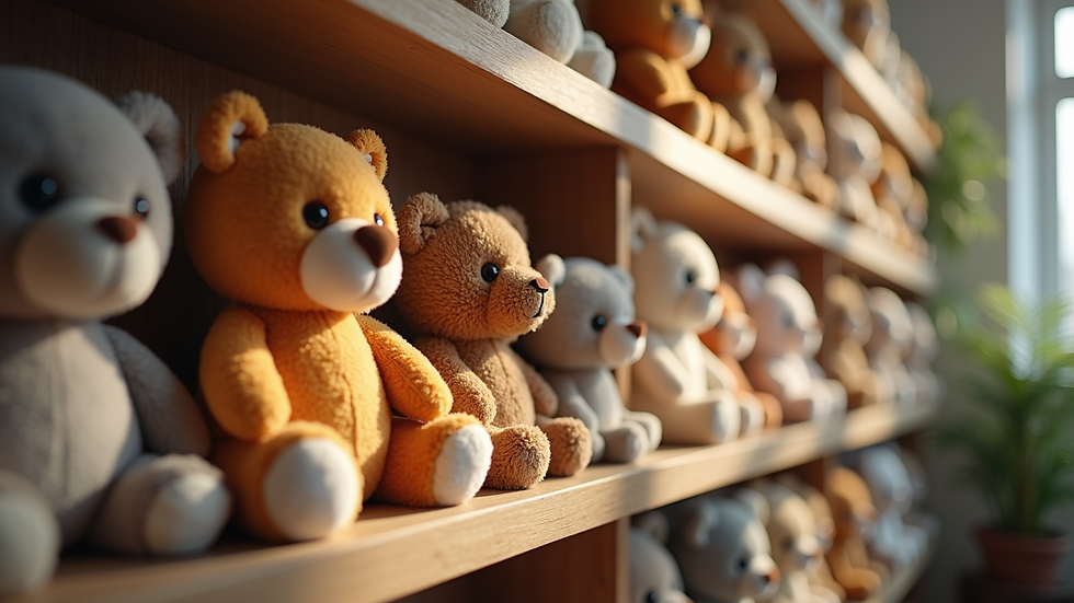 High angle view of a plush toy collection arranged on a shelf