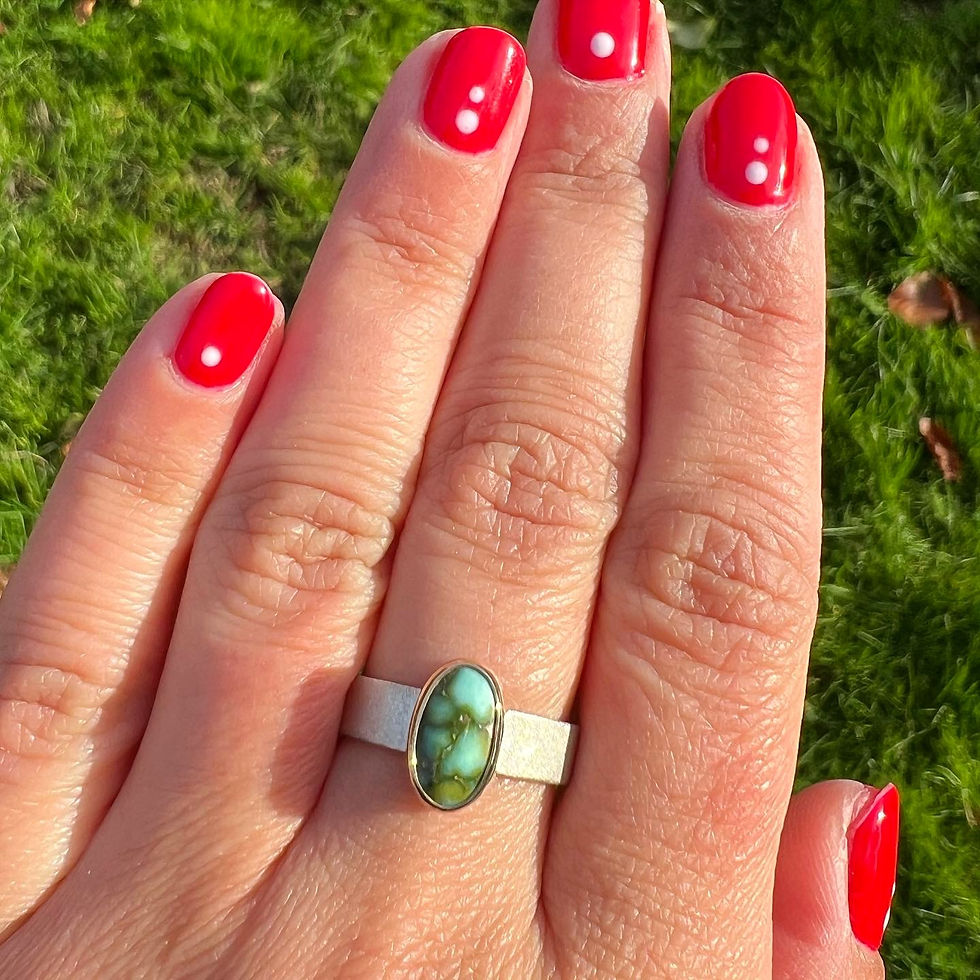 Thumbnail: "Blue Lagoon" | 14k yellow Gold, Sterling, Turquoise | Frosted Band | Size 8
