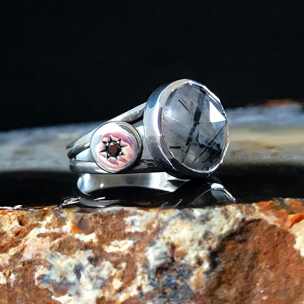 Thumbnail: "Night Queen" Black Diamond & Tourmalinated Quartz Ring | Size 6.5-6.75