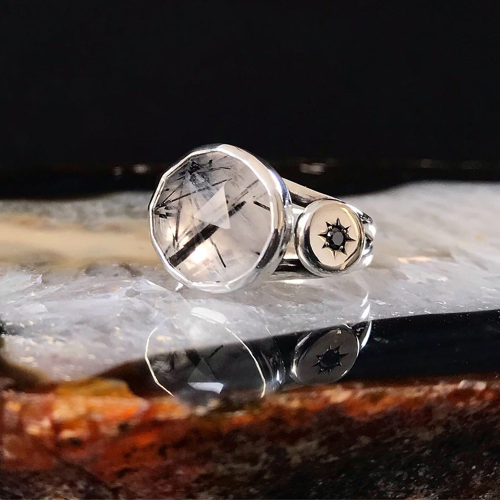 Thumbnail: "Night Queen" Black Diamond & Tourmalinated Quartz Ring | Size 6.5-6.75