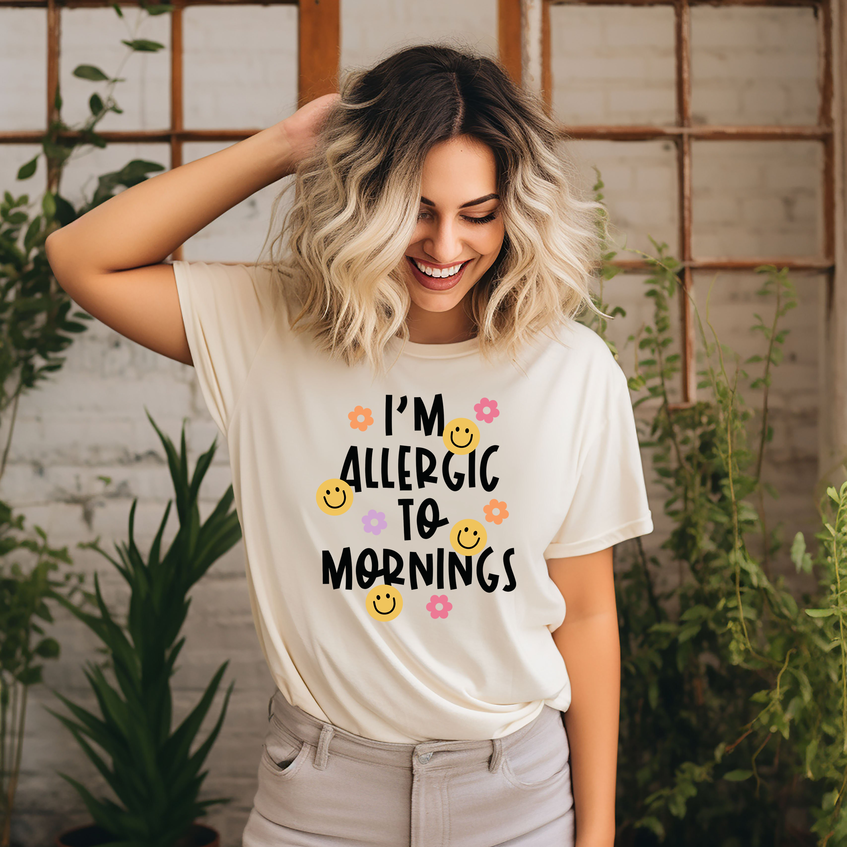 Allergic to mornings retro Tshirt funny slogan womens girls sassy cute retro
