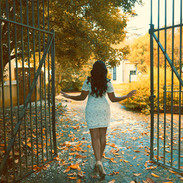 African American Woman walking through steel gates