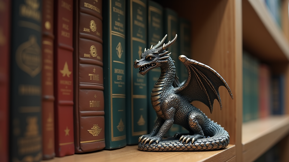 Eye-level view of a dragon bookend holding fantasy novels on a wooden shelf