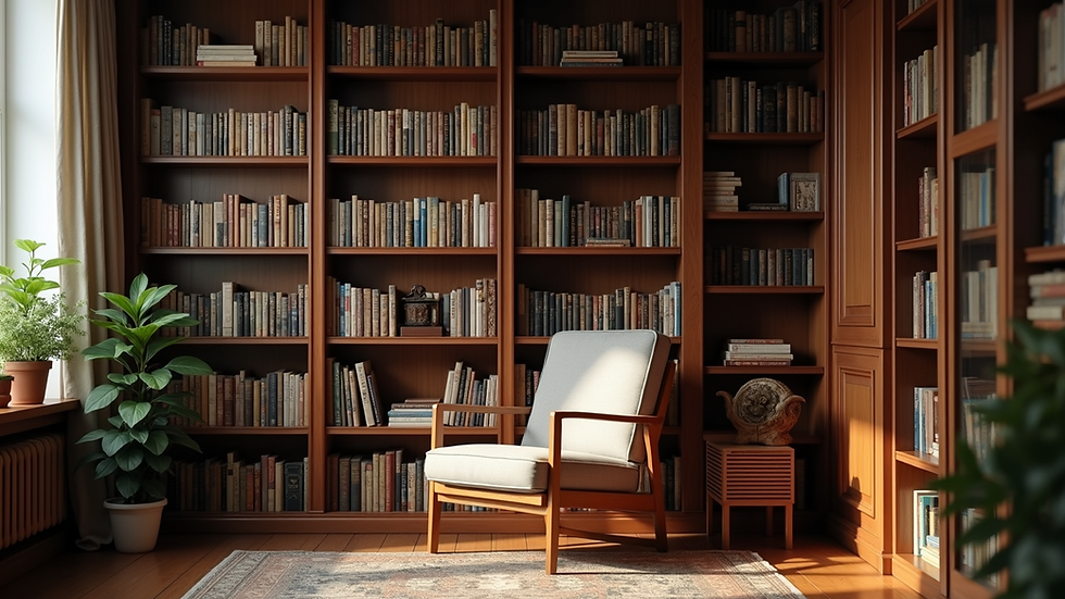 Eye-level view of a cozy reading nook with a wooden bookshelf and armchair