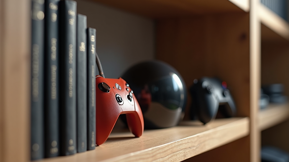 Close-up view of 3D printed custom bookends and gaming accessories on a wooden shelf