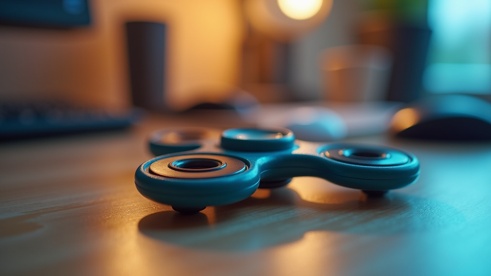 Eye-level view of a 3D printed fidget spinner resting on a desk