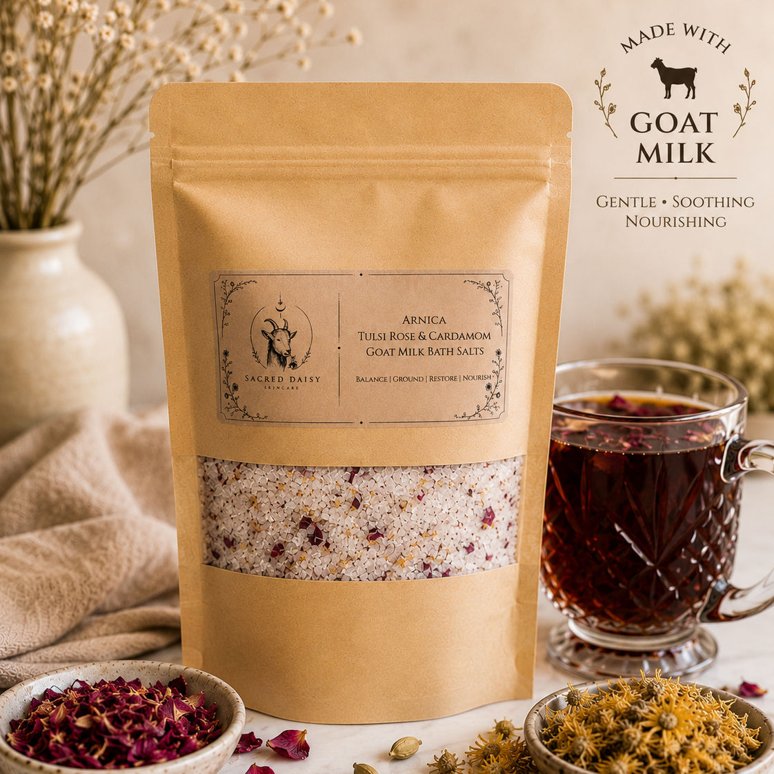 Arnica Tulsi Rose Tea & Cardamom Goat Milk Bath Salt Soak