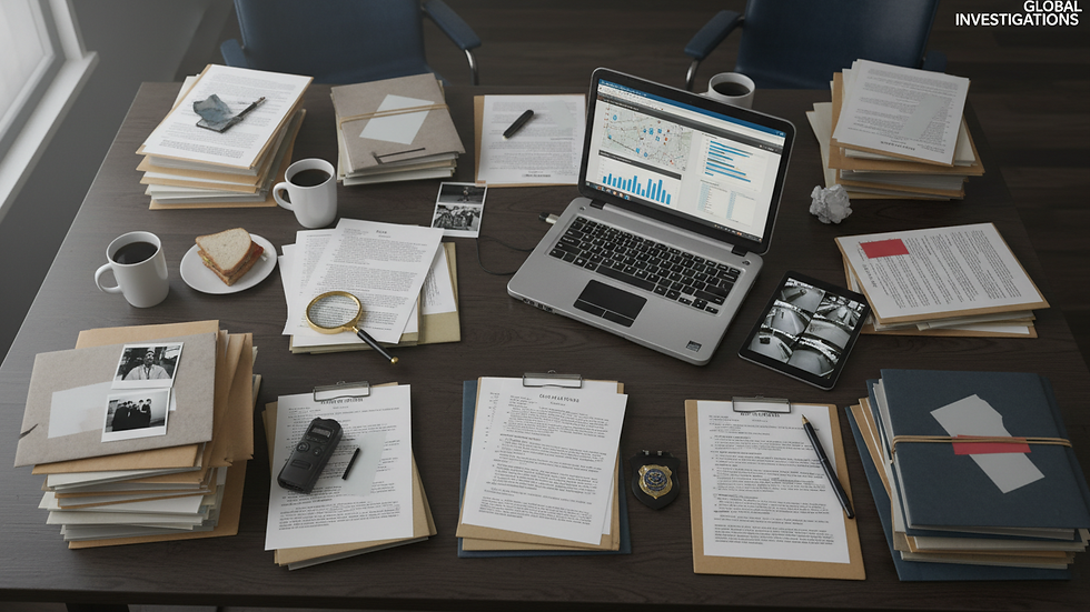 Vue en plongée d’un bureau d’enquête avec des documents et un ordinateur portable