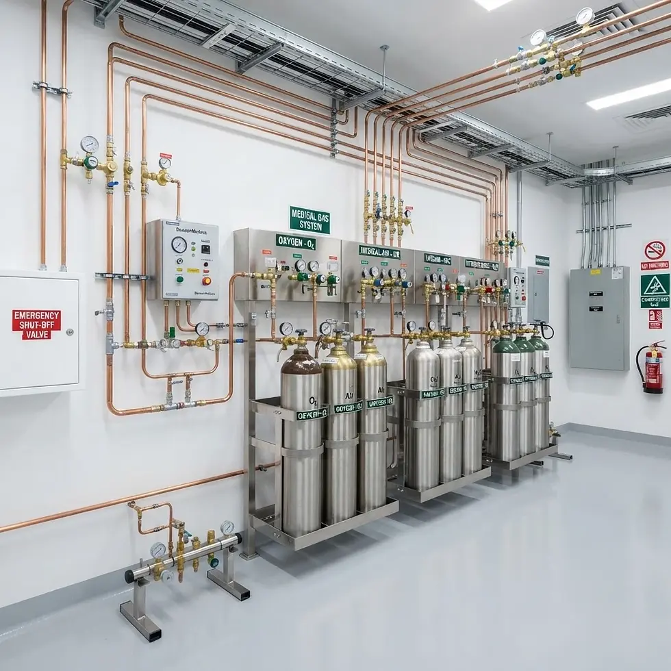 Industrial photography of a medical gas supply system featuring rows of gas cylinders, intricate copper piping, and pressure regulators. The setup is organized and functional in a clean environment.