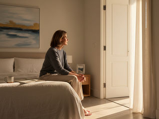 A woman sits thoughtfully on the edge of her bed, morning light streaming through open curtains. A cup of coffee and notebook rest beside her, symbolizing reflection and the quiet space of transition. The image captures the essence of Finding New Purpose in Leadership, a moment of pause, clarity, and renewal.