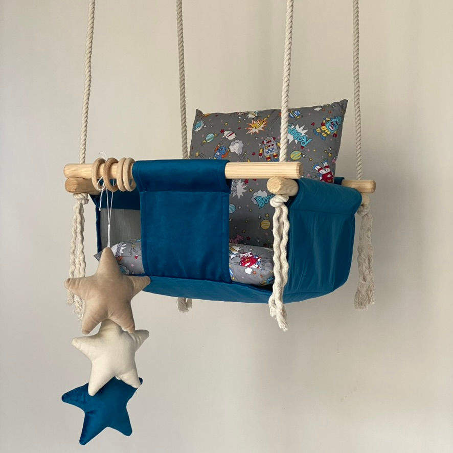 Thumbnail: Altalena per bambini sospesa per la casa colore blu oceano (collezione Stella)