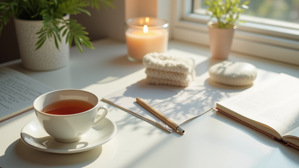 Eye-level view of a calm workspace with wellness materials and a cup of tea