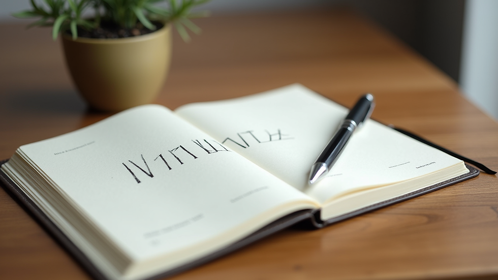 Close-up view of a wellness journal and a pen on a wooden desk