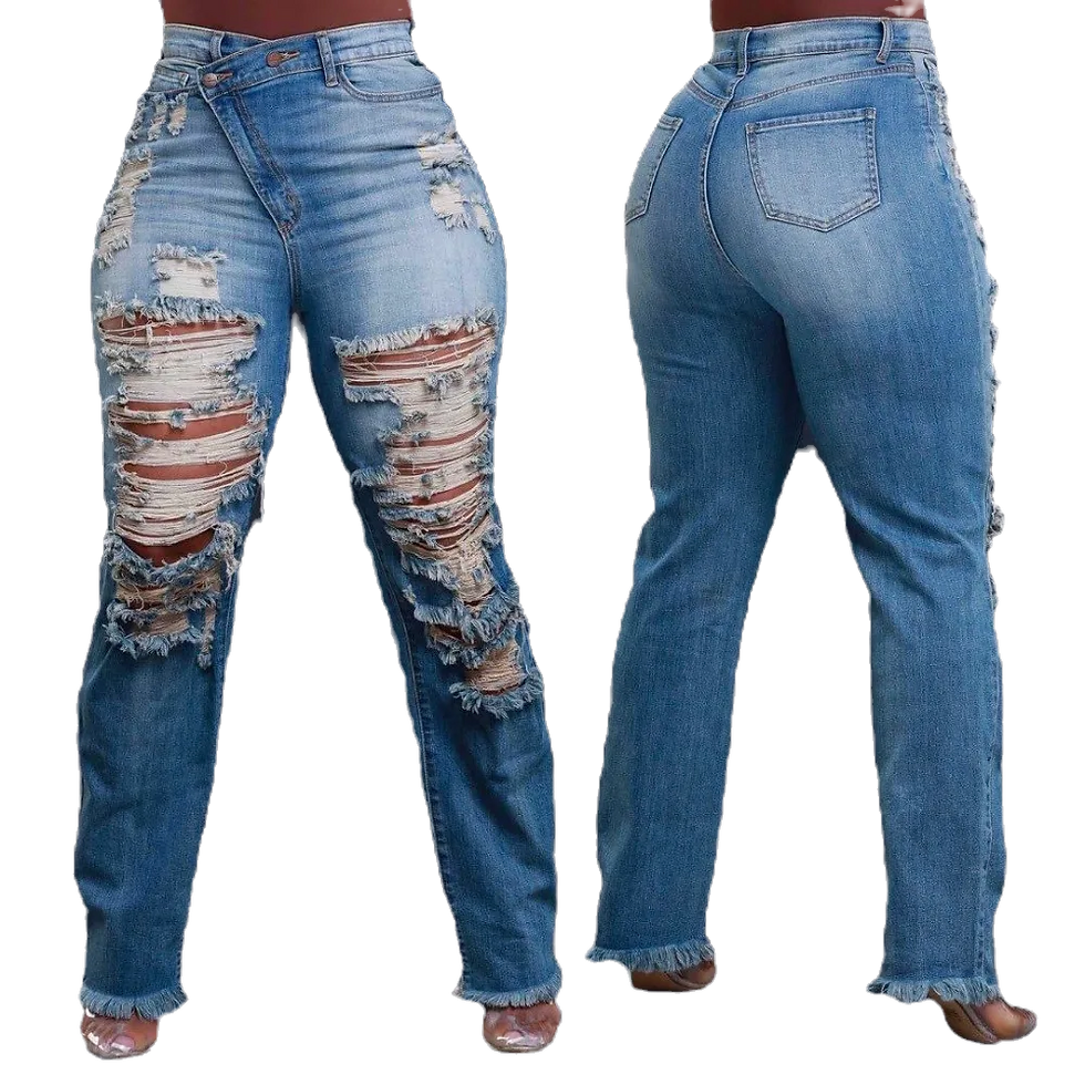 Women's High Waist Ripped Pencil Jeans – Ankle-Length Denim with Pockets