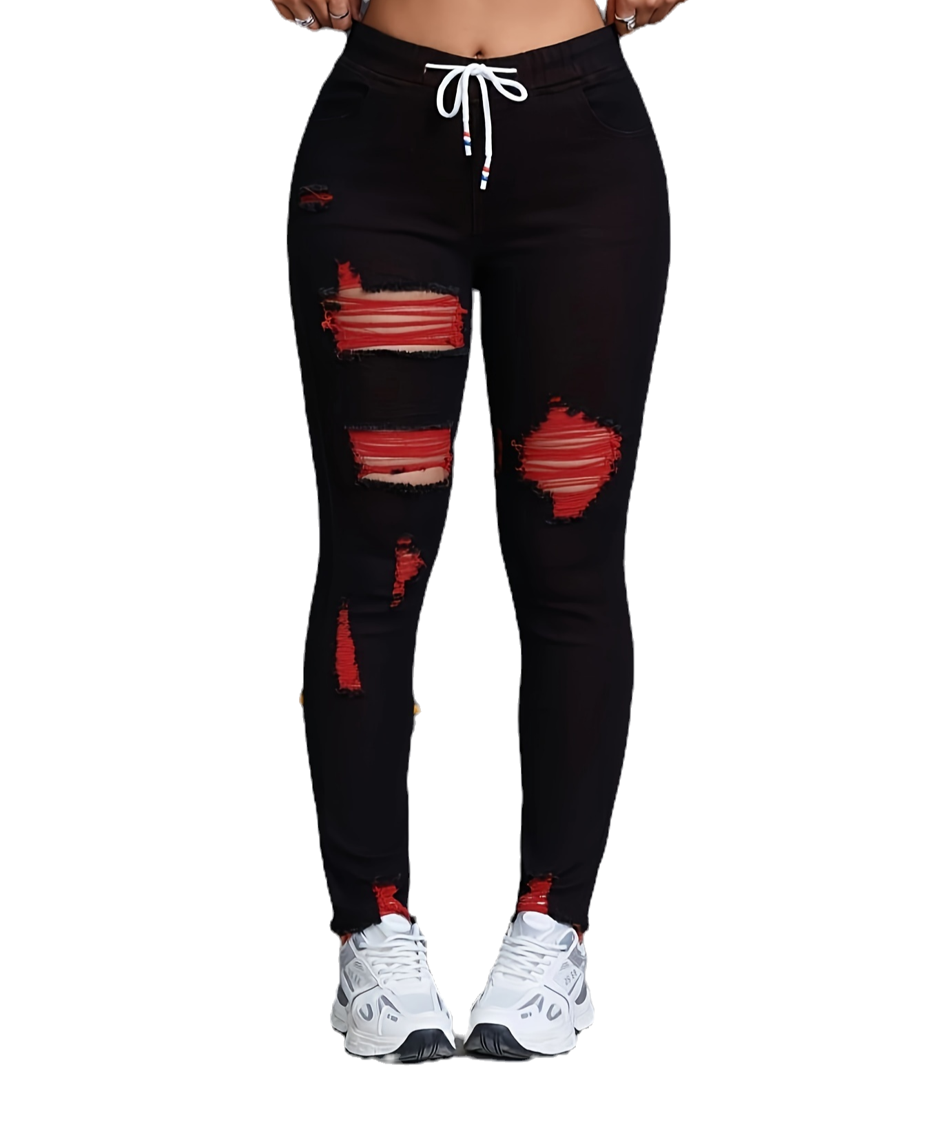 Women's Red Stretch Skinny Jeans – Drawstring Waist, Distressed Fit