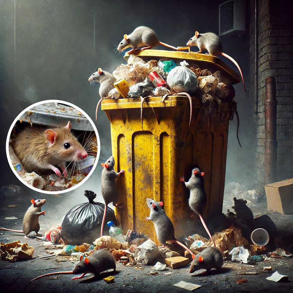 A group of filthy rats feasting on a dirty and stinky garbage bin. Have it thoroughly cleaned with Can Cleaners, the trusted name in trash can cleaning service in Toledo Metro OH.