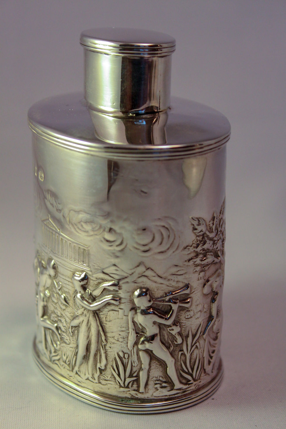 Thumbnail: Silver tea caddy withe Grecian scene