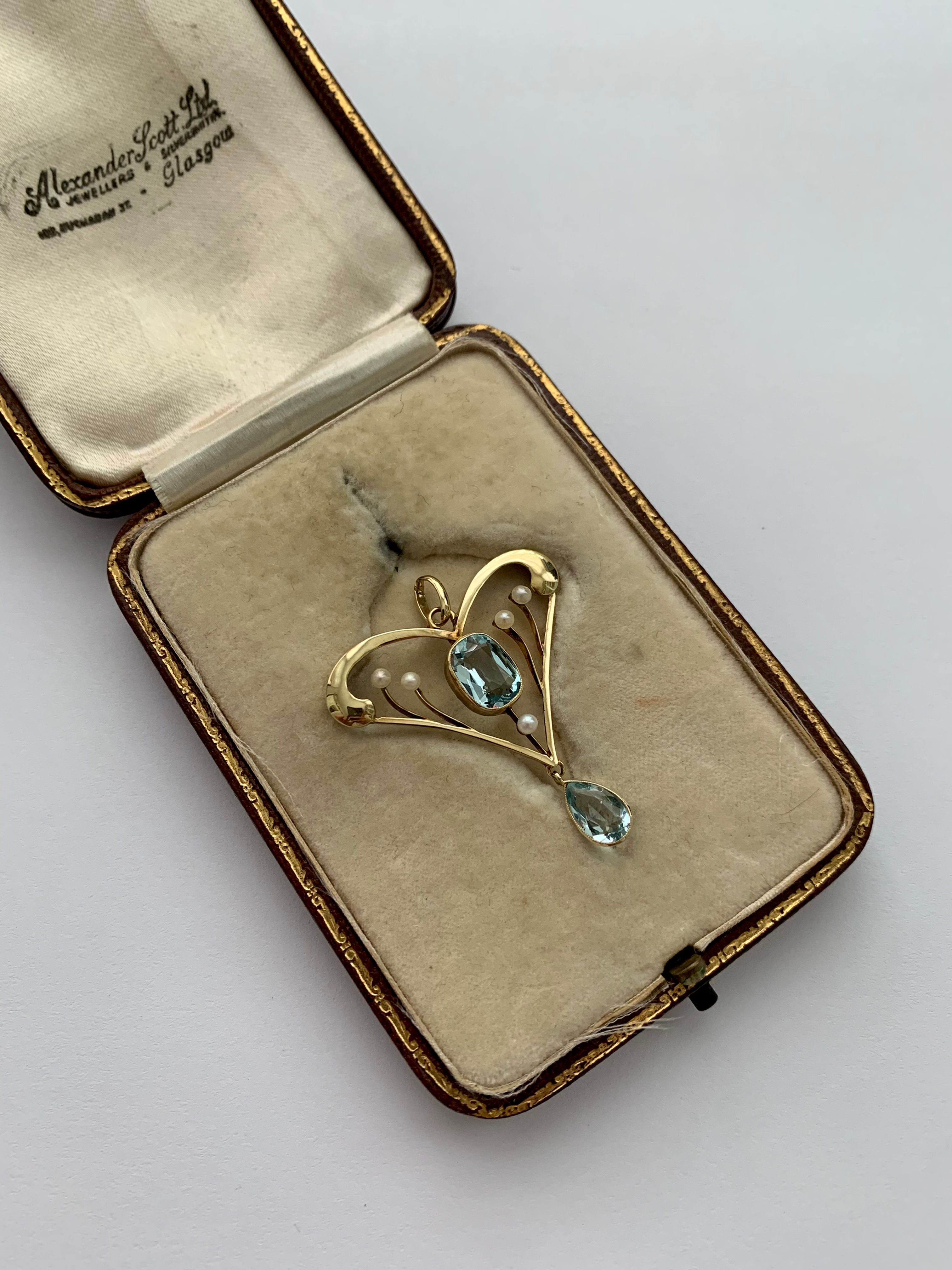 Murrle Bennett Art Nouveau 15ct gold, aquamarine and pearl pendant