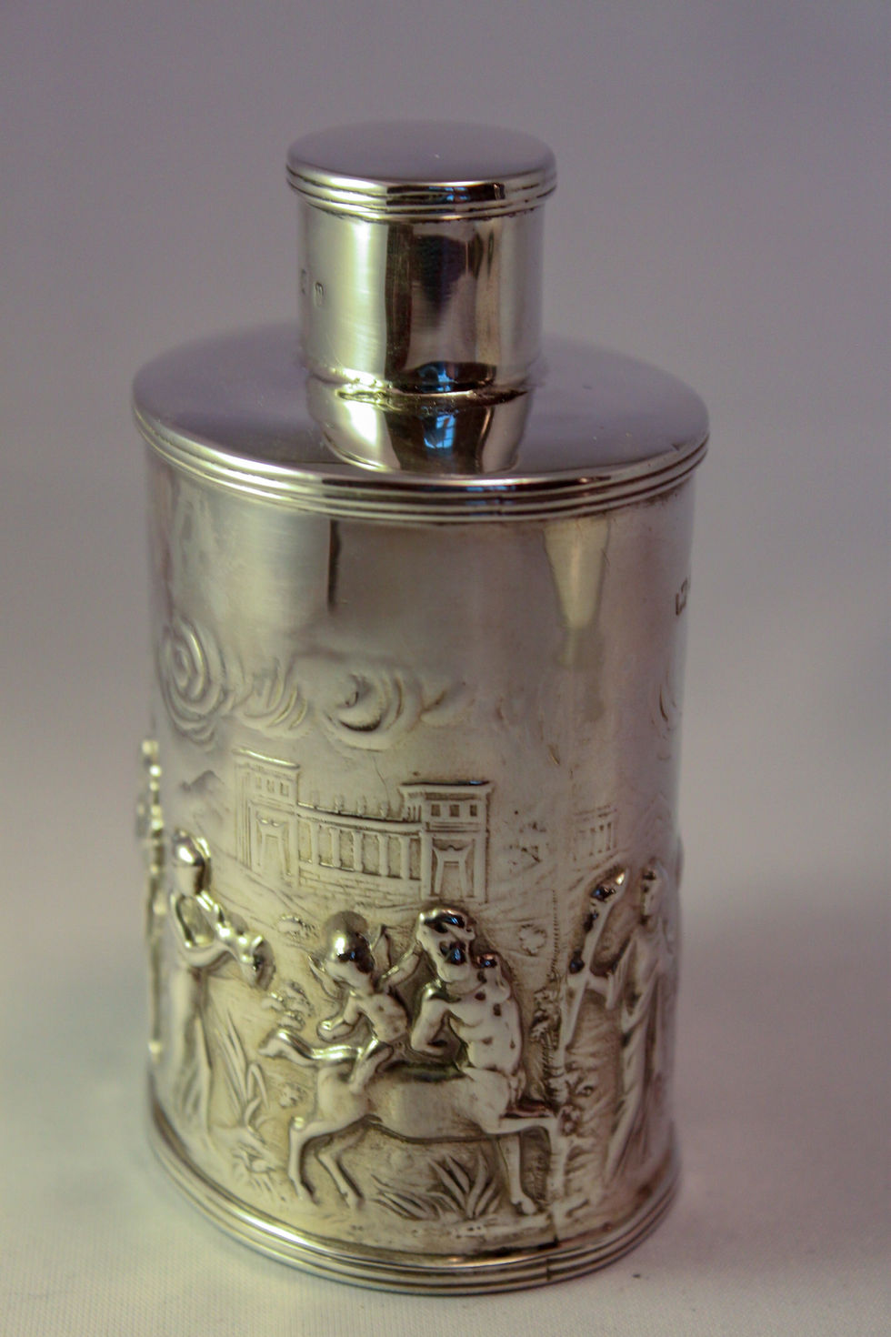 Thumbnail: Silver tea caddy withe Grecian scene