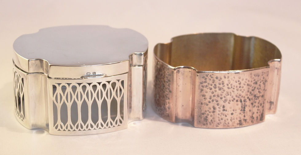 Thumbnail: Arts and Crafts pierced silver box with copper liner