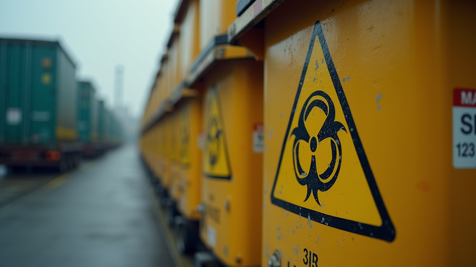 Close-up view of hazardous waste containers with warning labels