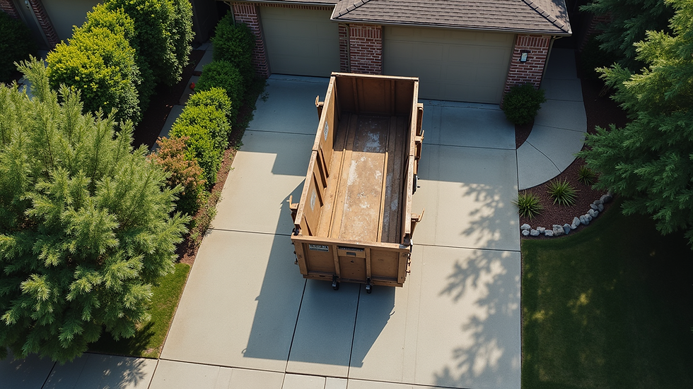 High angle view of a driveway with a dumpster ready for delivery