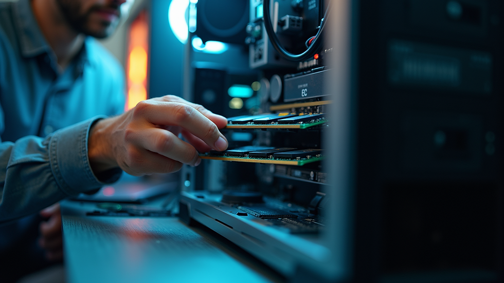 Eye-level view of a computer technician installing RAM in a desktop