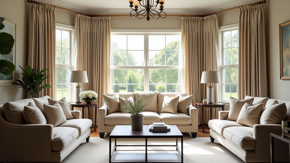 Eye-level view of elegant living room window with custom drapes