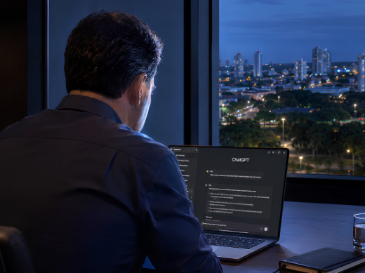 Empresário em Sorocaba usando o notebook para consultar o ChatGPT. Inteligência Artificial nas vendas.