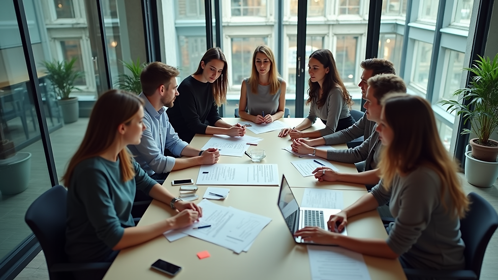 High angle view of a collaborative team brainstorming in a modern office