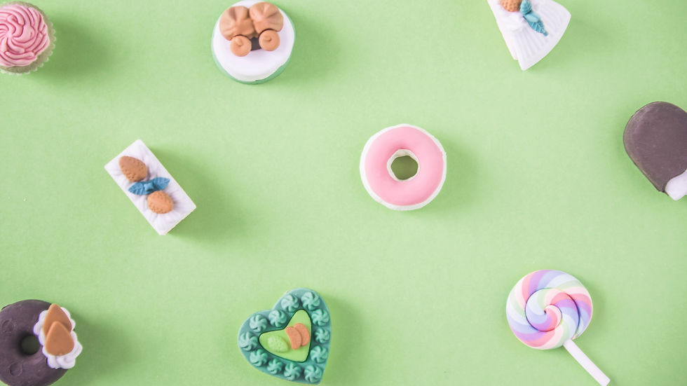 Mini food decor on light green background