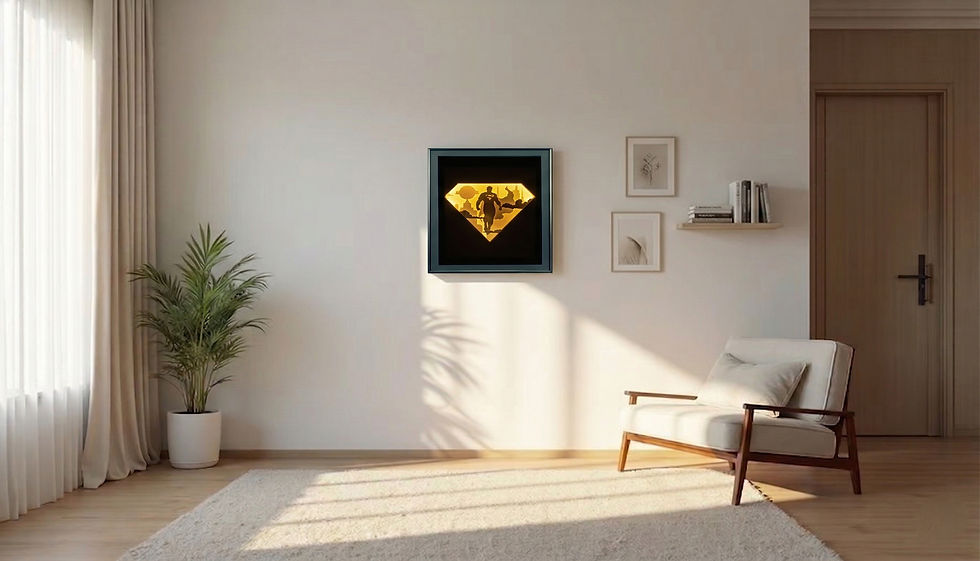 Eye-level view of a modern living room wall featuring a large 3D shadow box with anime-inspired design