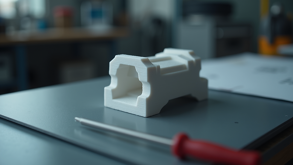 High angle view of a 3D printed prototype part on a workbench