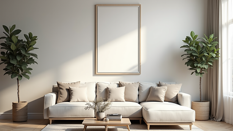 Eye-level view of a modern living room wall decorated with a 3D art frame