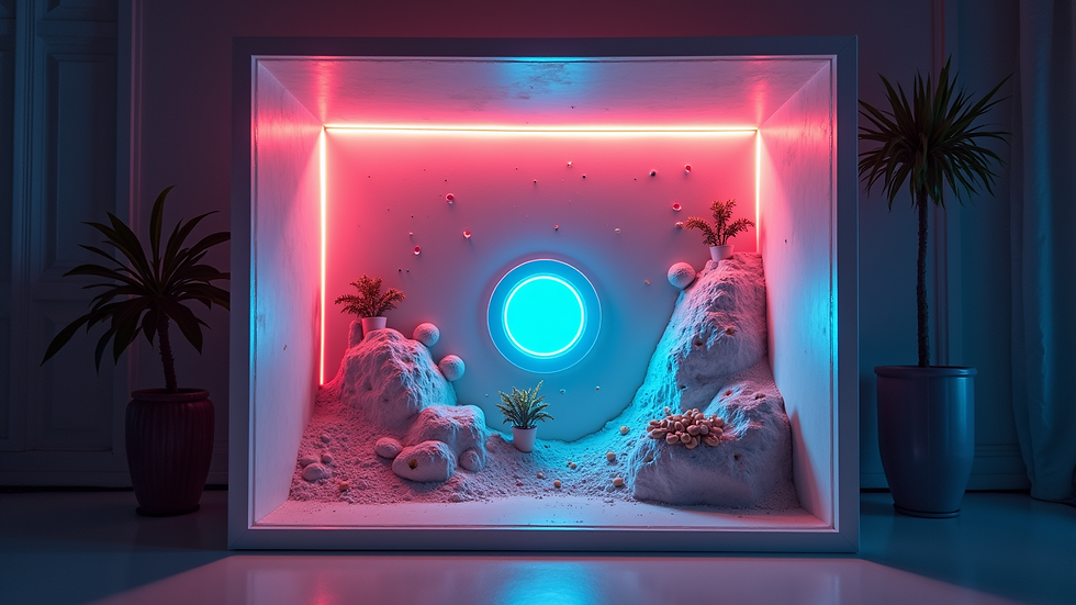Eye-level view of a futuristic shadow box with layered pop culture elements and LED lighting