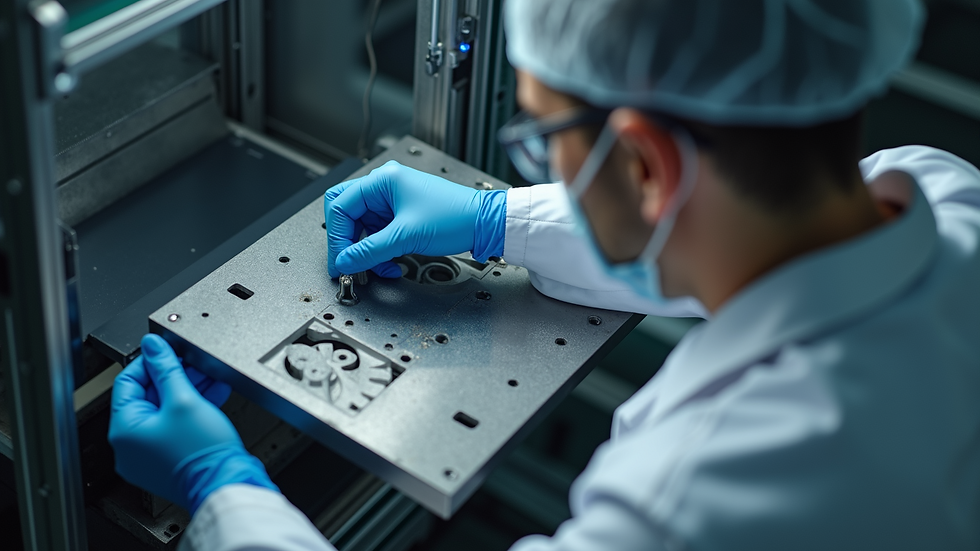 High angle view of a technician inspecting a 3D printed metal part