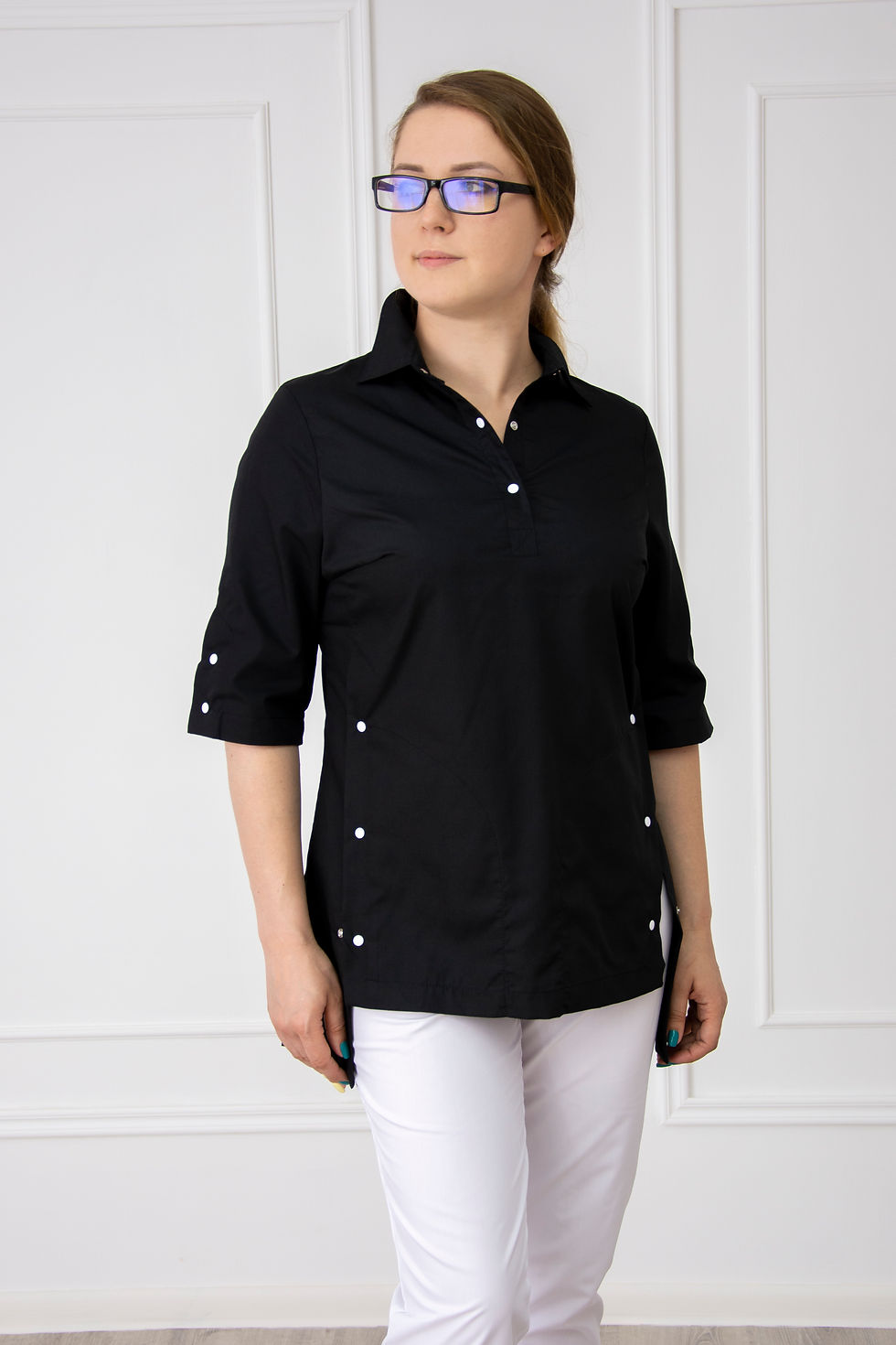 "Алина" тк. ТиСи, цв. чёрный. Блуза-рубашка медицинская женская