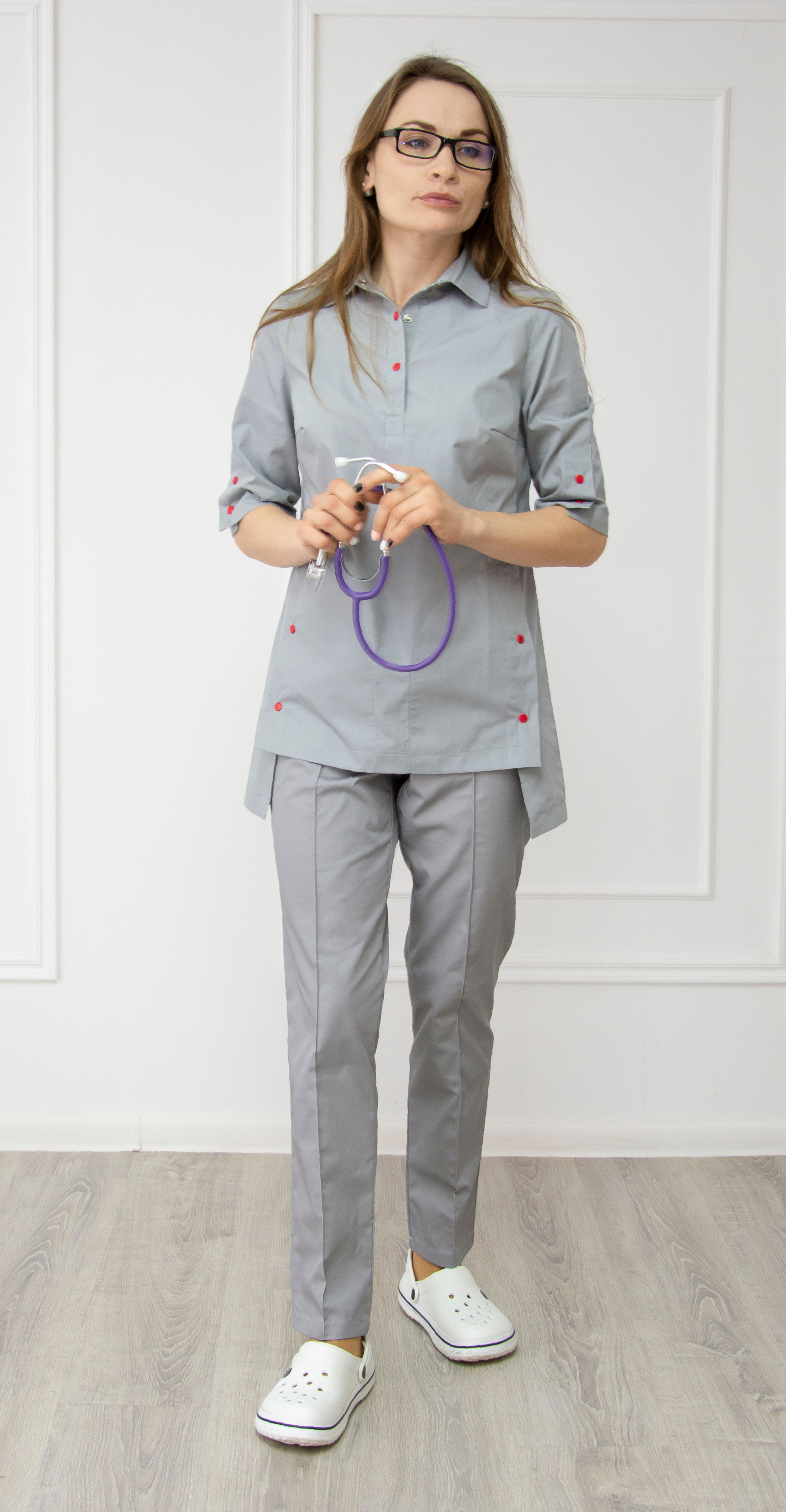 "Алина" тк. ТиСи цв. серый. Блуза-рубашка медицинская женская.