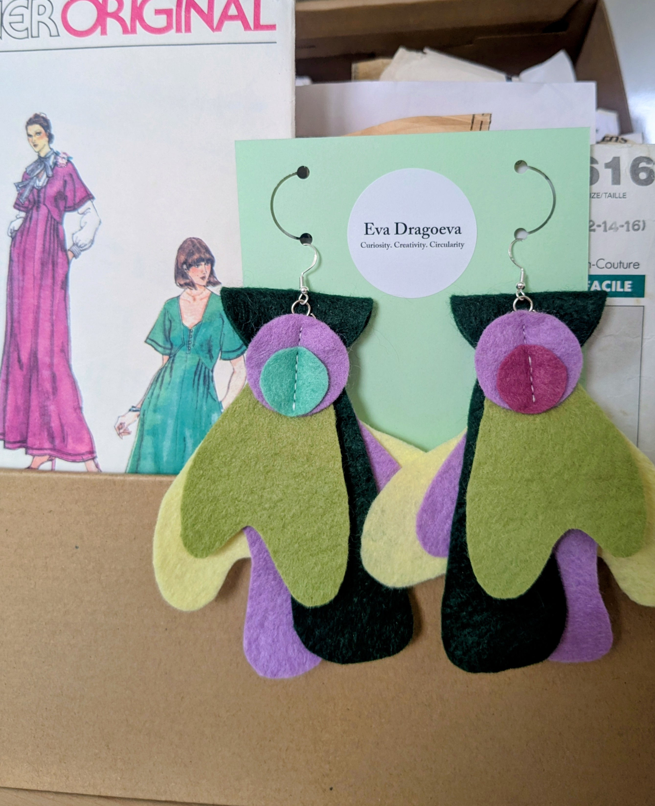 Large abstract felt earrings in green, purple and yellow
