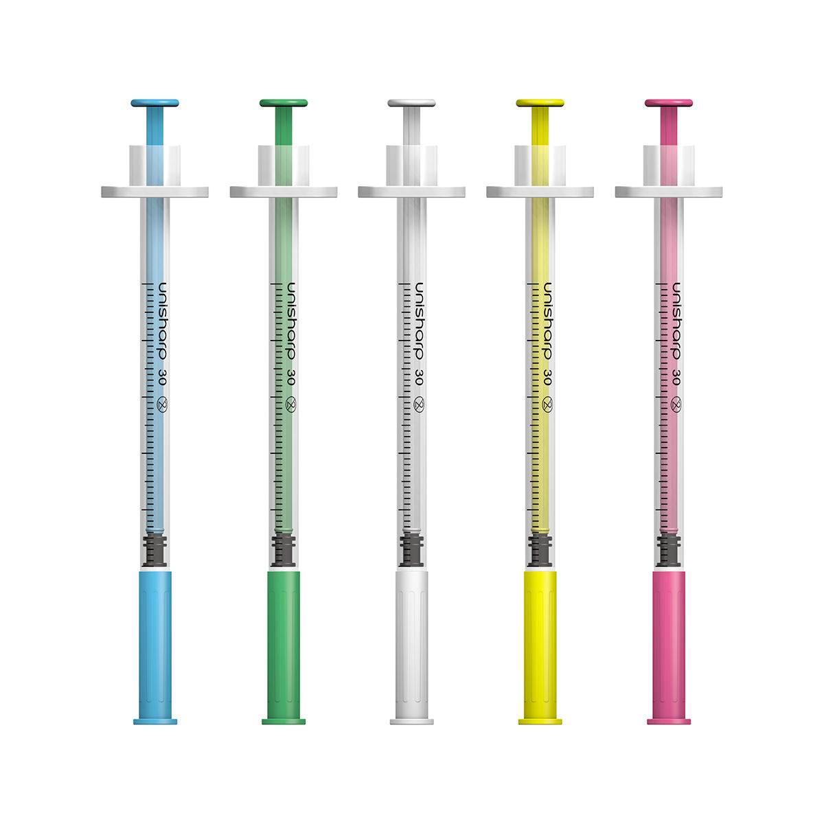 Unisharp 0.5mL 30G 12mm fixed needle syringe U100 Yellow