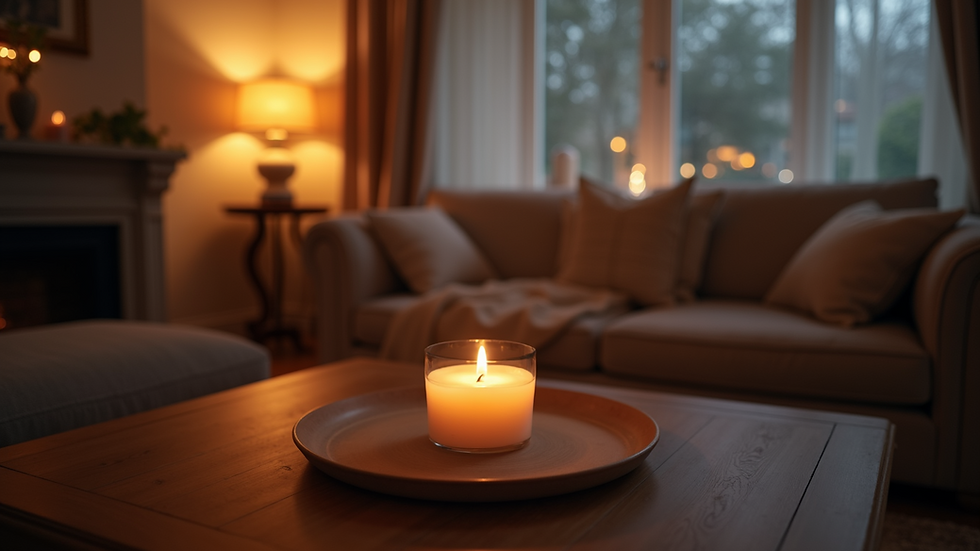 High angle view of a cozy living room with warm lighting and a scented candle