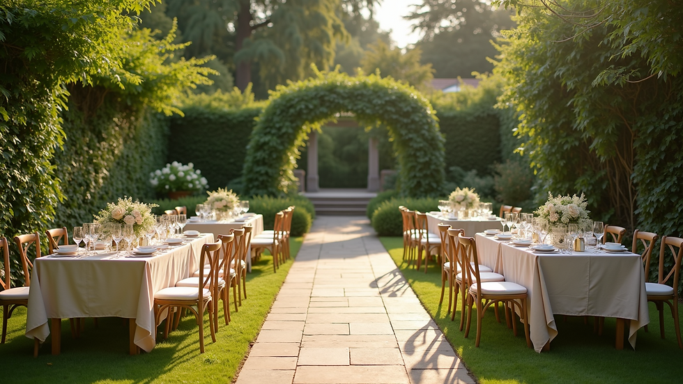 Wide angle view of a beautiful garden setup for an outdoor gathering